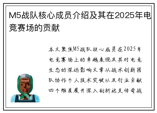 M5战队核心成员介绍及其在2025年电竞赛场的贡献
